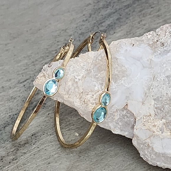 Gold-Tone Hoop Earrings with Aquamarine Accents - Picture 2 of 5